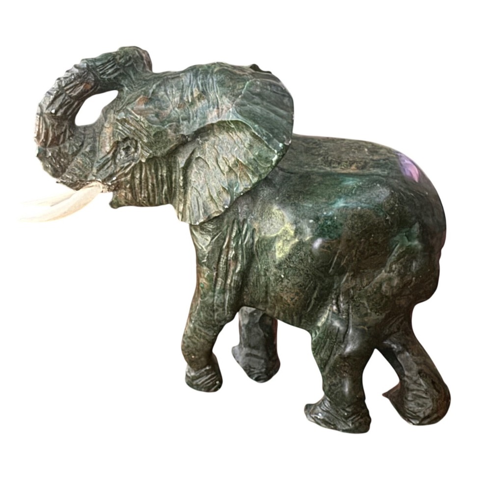 Vintage Hand Carved Green Soapstone Elephant Figurine Trunk Up Good Luck 3.5"